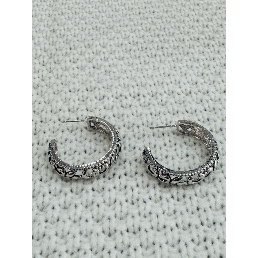 Silver Tone Antiqued Filigree Scroll Open C Hoop Post Earrings